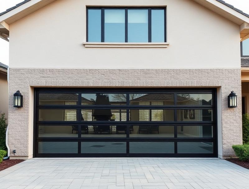 Modern glass and black aluminum garage door installation in Sutton MA