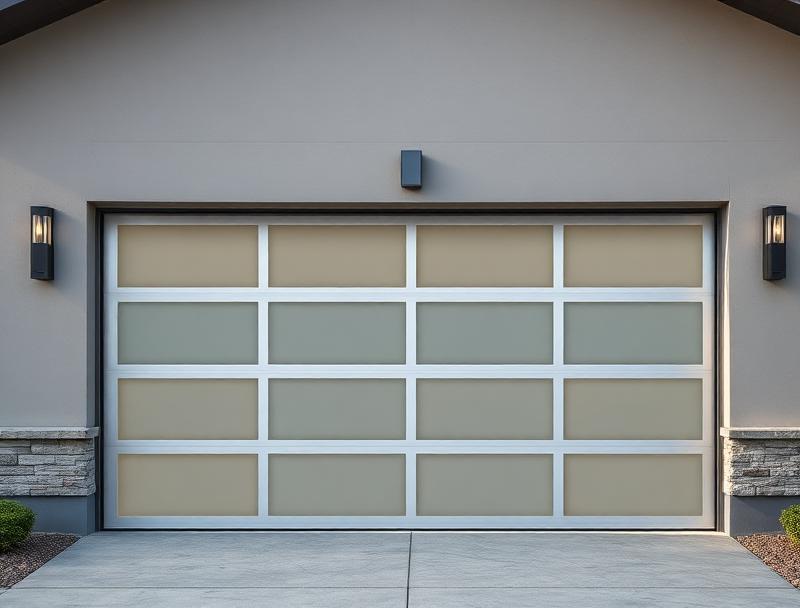 Contemporary aluminum garage door with frosted glass panels